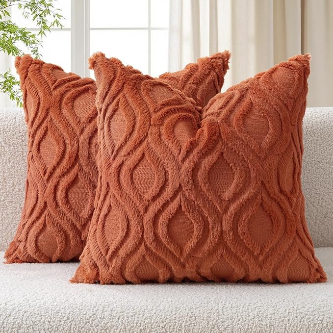 MIULEE Fall Rust Soft Plush Faux Wool Throw Pillow Covers 16x16 | Set of 2, Farmhouse Boho Home Decor, Decorative Cushion Covers for Sofa, Living Room, Bed