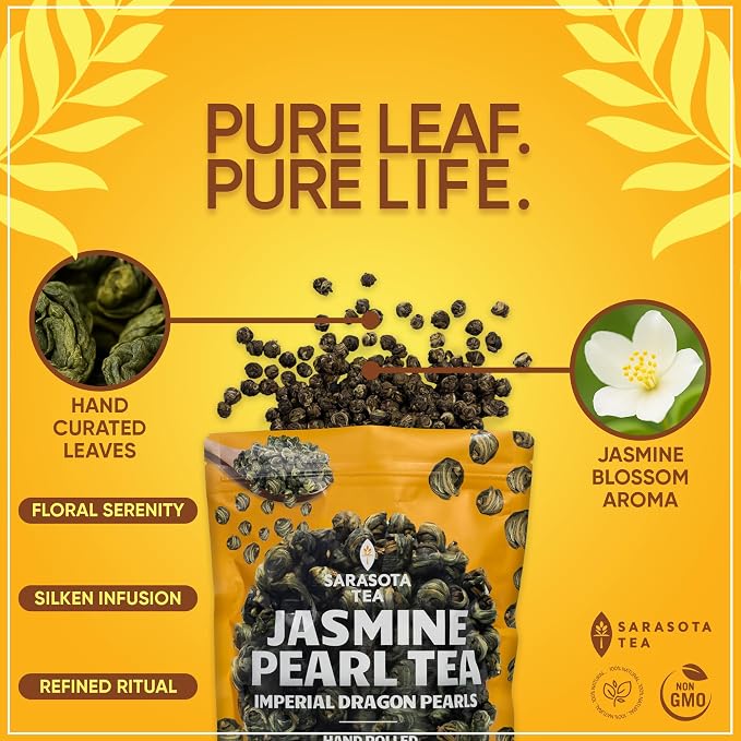 Organic Jasmine Pearls Loose Leaf Tea | Hand-Rolled Green Tea Scented with Jasmine Blossoms | USDA Organic | Premium Dragon Pearls | 4.4oz Bag | Floral & Smooth | Non-GMO