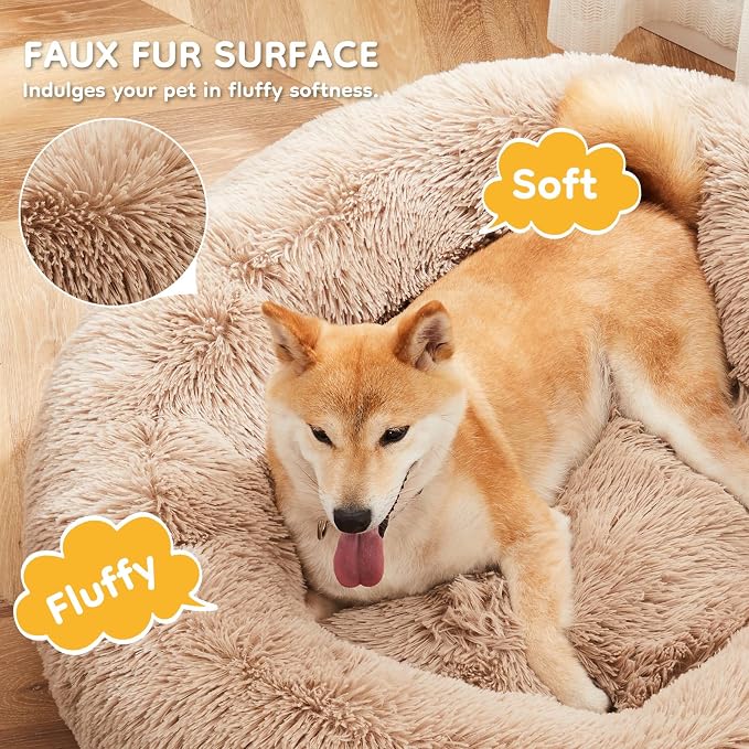 DUMOS 30.7 Inch Large Donut Dog Bed for Indoor Use, Fluffy Faux Fur Plush | Warming Cozy Round Pet Bed, Machine Washable Cuddler, Anti-Slip Bed for Dogs and Cats, Brown