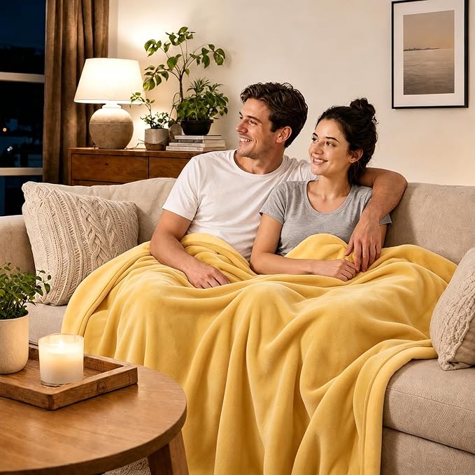 LOOBANI Waterproof Blanket for Bed, Flannel Twin Size 60"x80", Yellow | Double-Side Leak-Proof, Reversible, Stain-Proof Cover for Sofa Bed Protection, Ideal for Rest Movie Time, Camping, Travel