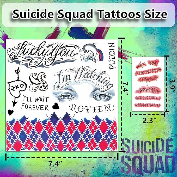 Joker Tattoos Temporary Halloween - 16 Sheets Temporary Tattoos for Men Fake Tattoo Stickers Joker and HQ Couples Costumes Masquerade Cosplay Party Accessories Makeup