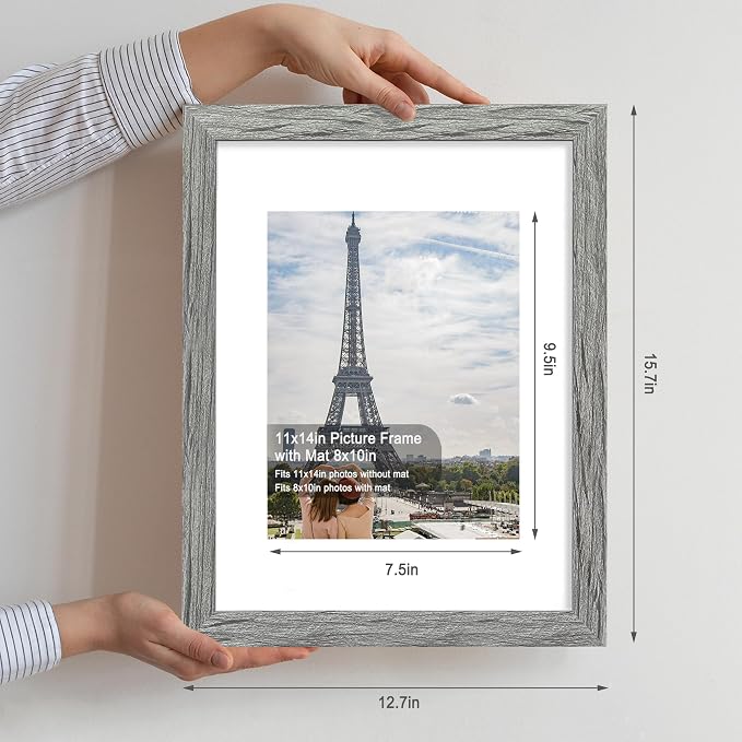 Hongkee 11x14 Picture Frame Set of 4, Made of Real Glass and Grey Wooden Frame, Display 8x10 Pictures with Mat or 11 x 14 Posters without Mat for Wall Mounting, Gallery Photo Frames
