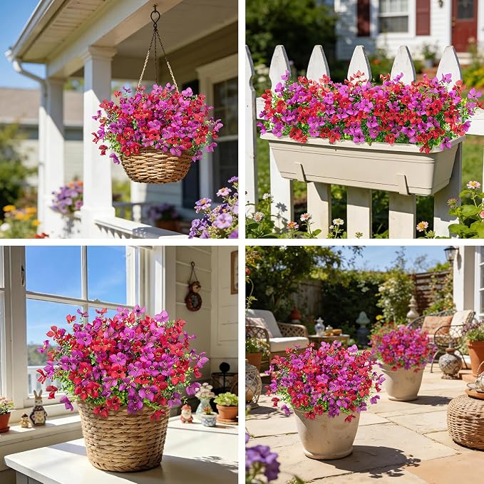 16 Pcs Artificial Flowers for Outdoors Decoration, Purple & Red | Realistic, silk flowers, faux plastic plants, UV resistant, for summer garden porch window vase indoor outdoor home decor