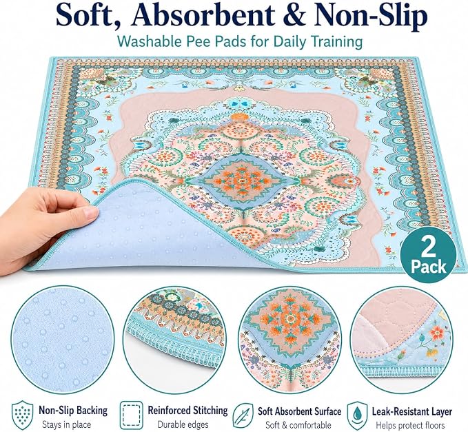 Aitmexcn Washable Pee Pads for Dogs, 2 Reusable Puppy Pads, 24'' x 48'' | Highly Absorbent, Waterproof Layer, Machine Washable, Non-Slip Bottom, For Playpens and Senior Dogs