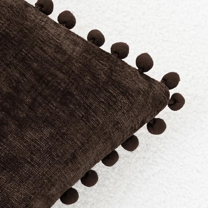 CaliTime Decorative Couch Throw Pillow Covers 18 X 18 Inches Coffee | Pack of 2, Cozy Chenille Cushion Cases, with Pom Poms for Sofa Bed Living Room Farmhouse Home