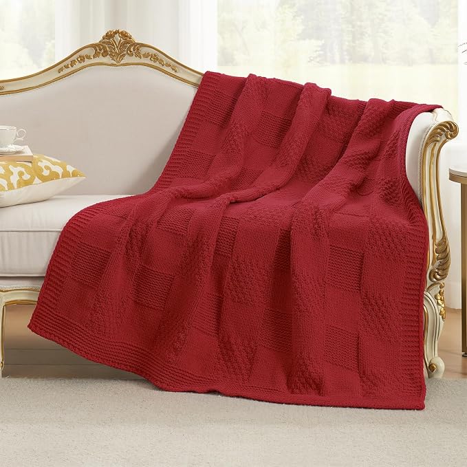Knit Throw Blanket, Soft Chenille Cozy Breathable Checkered Chunky Decorative Blanket for Couch, Bed & Sofa, French-Inspired Lightweight Warm Gift for Women, Christmas Red, 50"x60"