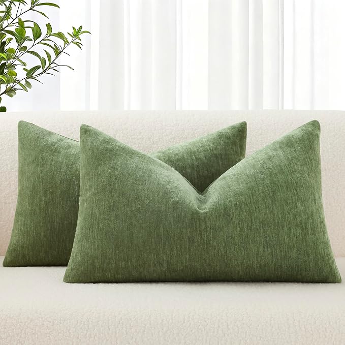 decorUhome Soft Chenille Olive Green Throw Pillow Covers 12X20 Set of 2 | Decorative Fall Couch Pillow Covers Solid Dyed Accent Modern Farmhouse Neutral Rectangle Pillow Cases for Sofa