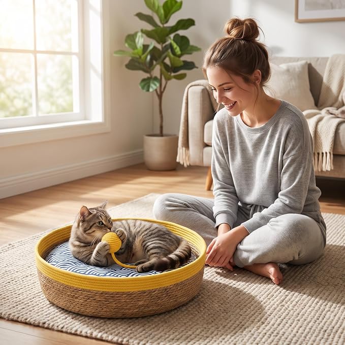 VIVIKIT Natural Cattail Cat Bed for Indoor Cats, 18.1" x 4.7"（Yellow） | Natural cattail, cotton trim, all season, scratch-proof, teaser ball, removable washable pad, for cats & dogs up to 22 lbs