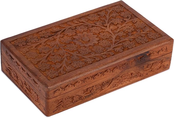 Ajuny Wooden Handcarved Decorative Jewelry Storage Box Flower Design Multipurpose Treasure Chest Keepsake Organizer Necklaces Watch Boxes Great for Gifts 10x6 Inch