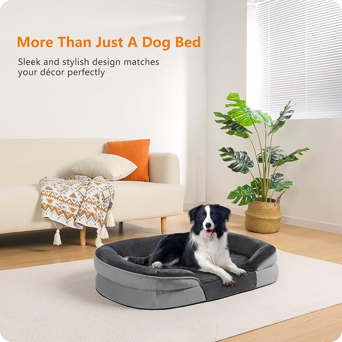 Dwanton Orthopedic Waterproof Large Dog Bed Sofa, Gel Memory Foam, 38" | Egg-Crate Foam Dog Sofa, Washable Pet Bed with Four Sided Bolster Cushion, Removable Cover & Non-Slip Bottom, Dark Grey
