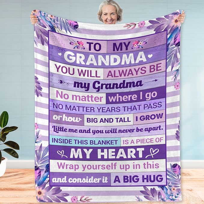 Gifts for Grandma Blanket for Mothers Day – to My Grandma Soft Flannel Fleece Throw Blanket, Cozy Purple Floral Blanket with Loving Message, Birthday Gift from Grandchild 50x60 Inches