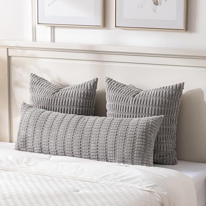 Fancy Homi Decorative Throw Pillow Covers for Bed Couch Bedroom Bench, Soft Corduroy Solid Pillow Case, Rustic Farmhouse Boho Room Decor,54" x 20" (Pack of 1),Gray