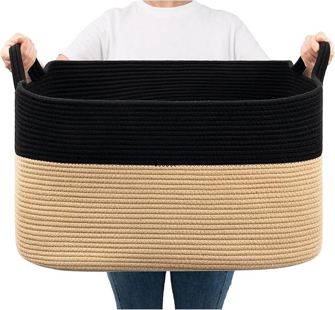Goodpick Large Woven Blanket Basket, Rectangle, Black & Camel | 21.6'' x 14.9'' x 11.8'' Wicker Storage Basket for Toys & Blankets, Bedroom & Nursery Organization, Reinforced Handles