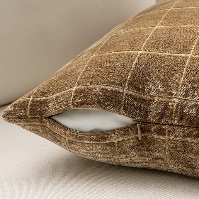 MIULEE Toffee Plaid Decorative Fall Euro Throw Pillow Covers 24x24 Set of 2 | Vintage, Check Chenille Couch Pillows, Boho Farmhouse Cushion Covers, Modern Home Decor for Sofa Bed Living Room
