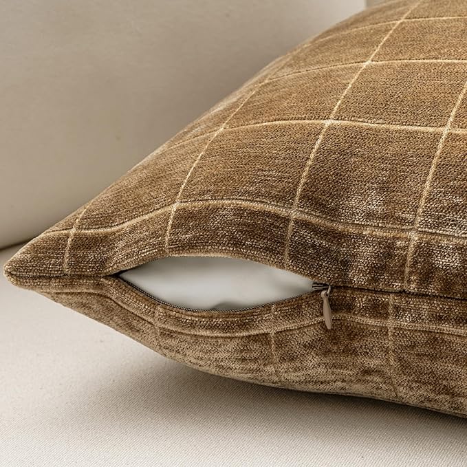 MIULEE Toffee Plaid Decorative Fall Throw Pillow Covers 18x18 Set of 2 | Vintage, Check Chenille Couch Pillows, Boho Farmhouse Cushion Covers, Modern Home Decor for Sofa Bed Living Room