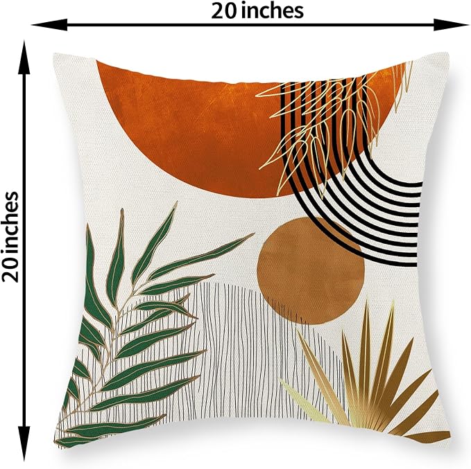 Boho Pillow Covers 20x20 Set of 2 Green Gold Orange Throw Pillows Tropical Leaves Sunset Modern Mid Century Decorative Pillowcase Outdoor Bohemian Linen Cushion Case for Couch Sofa Bed Decor