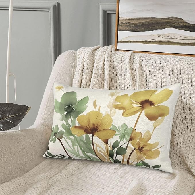 Floral Pillow Covers 12x20 Inch Set of 2 Sage Green Yellow Floral Throw Pillow Cover Outdoor Modern Spring Summer Flower Decor Pillowcase Farmhouse Decorative Lumbar Cushion Cover for Home Sofa