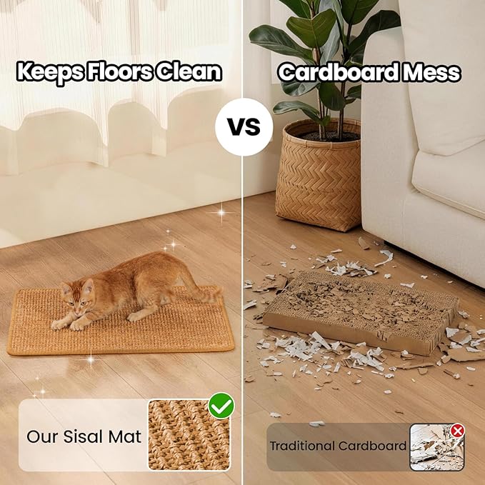 Conlun Cat Scratching Pad, 27.5x35.4in Sisal Mat Couch Protector | Indoor Cat Scratcher Mat, Mess-free, Anti-slip Backing, Hook&Loop Tape for Furniture Door Wall, Brown