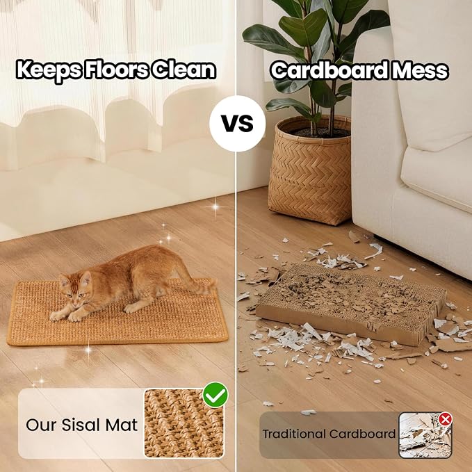 Conlun Cat Scratching Pad, 23.6x31.5in Sisal Mat Couch Protector | Indoor Cat Scratcher Mat, Mess-free, Anti-slip Backing, Hook&Loop Tape for Furniture Door Wall, Brown