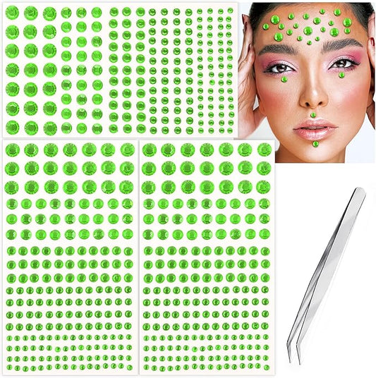 591pcs Face Gems Hair Gems Pearls, Self-Adhesive Face Jewels Eye Rhinestones 3/4/5/6/8 mm Face Gem Stick on, Halloween Makeup Gems Rave Accessories for Face Eyes Body Makeup (09.Light Green)