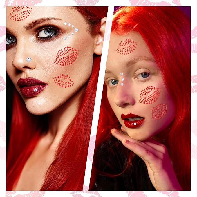 6 Sheets Red Face Gems Self-Adhesive Face Jewels, Red Face Glitter Lip Hair Gems, Festival Kiss Stickers for Makeup, Eye, Hair, Body, Rave Accessories