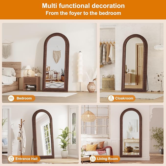 ZHUNFA External Three-Layer Arched Full Length Mirror with Solid Wood Frame | 65x22 Modern Farmhouse Decor Standing Mirror Full Length, Wall Mounted, Leaning, Standing for Bedroom, Living Room, Brown.