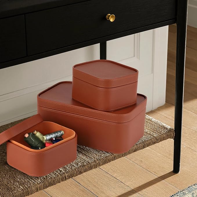HofferRuffer Faux Leather Decorative Storage Boxes, Dust proof Storage Shelf Baskets with Lids Trays, Storage Bins Memory Box Organizer for Home, Office, Jewelry & More, Set of 3 (Brown)