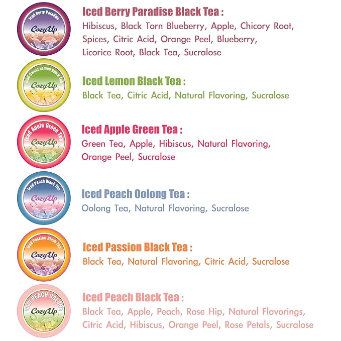 Cozy Up Iced Sweet Fruit Tea Variety Pack, 36 Count - Compatible with Keurig Brewers, Includes Berry Paradise,Peach,Passion,Lemon,Peach Oolong & Apple Green Tea - Single Serve Pods for Brew Over Ice