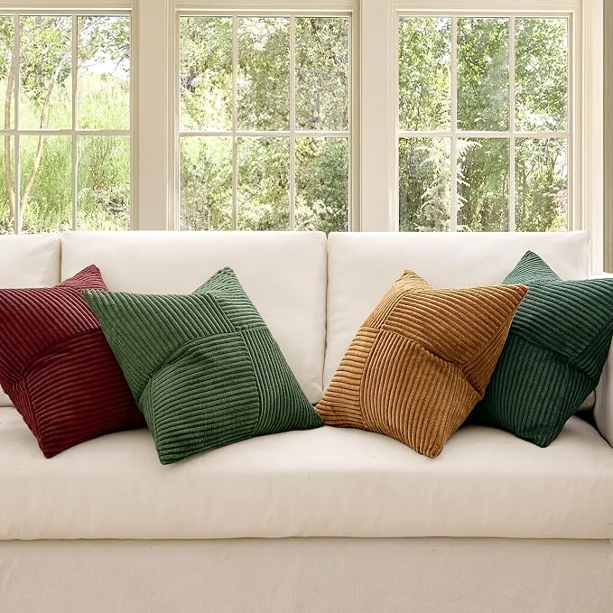MIULEE Boho Christmas Green Decorative Throw Pillow Covers 20x20 Set of 4 Farmhouse Cushion Covers Color-Clash Corduroy Pillow Cases Modern Soft Corduroy Patchwork Home Decor for Couch Sofa Bedroom