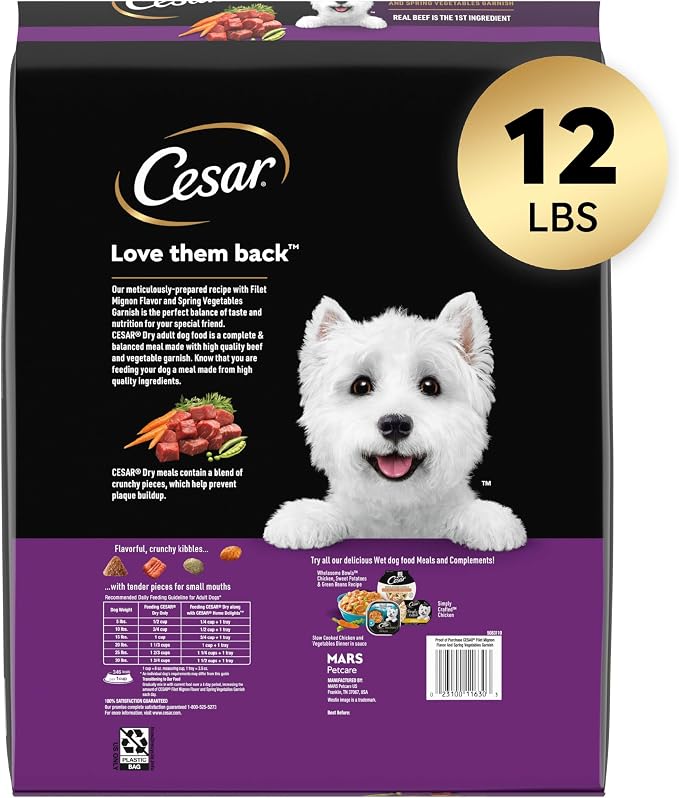 Cesar Small Breed Adult Dry Dog Food Filet Mignon Flavor with Spring Vegetables Garnish Dog Kibble, 12 lb. Bag (Pack of 2)