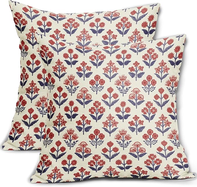 4th of July Patriotic Floral Block Print Pillow Covers 24x24 Inch Set of 2, Navy Blue Red Vintage Flower Decorative Throw Pillowcases Outdoor Memorial Day Cushion Covers Holiday Sofa Couch Bed Decor