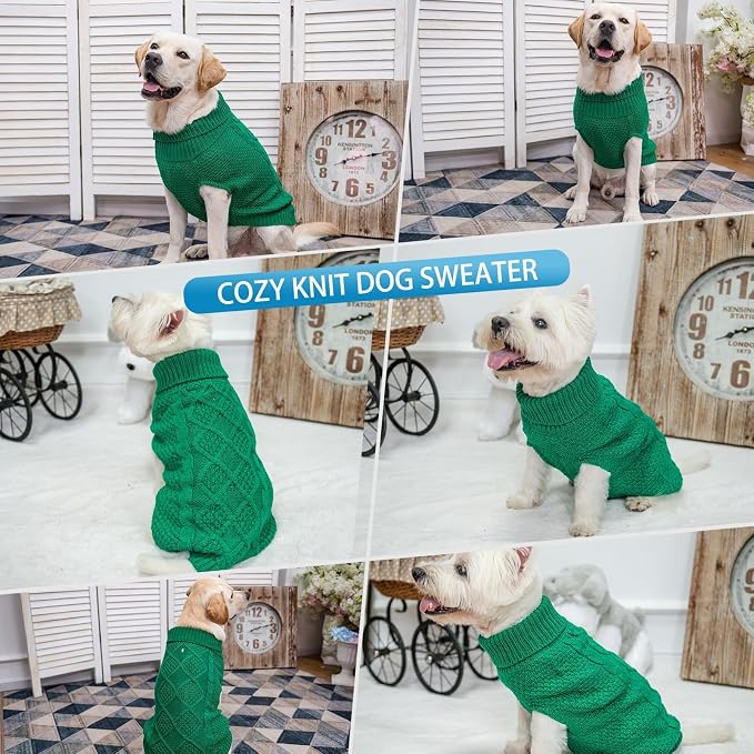 Mihachi Turtleneck Dog Sweater - Winter Coat Apparel Classic Cable Knit Clothes with Leash Hole for Cold Weather, Ideal Gift for Pet in New Year Green Medium