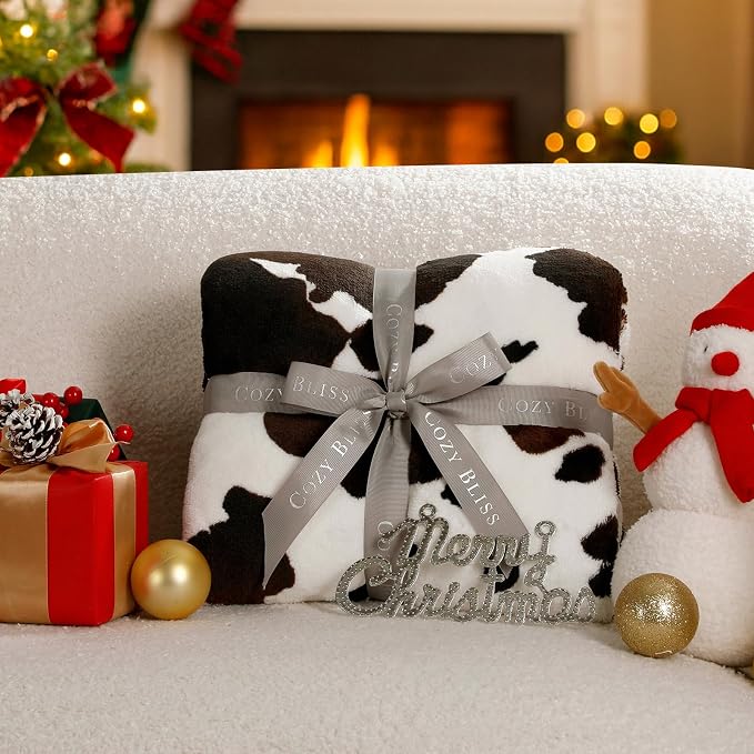 Cozy Bliss Cow Print Fuzzy Throw Blanket for Couch - Thick Soft Warm Non Shedding Fleece Blankets for Western Décor Room, for Kids, Women Men Girls, Black Brown 40"*50"