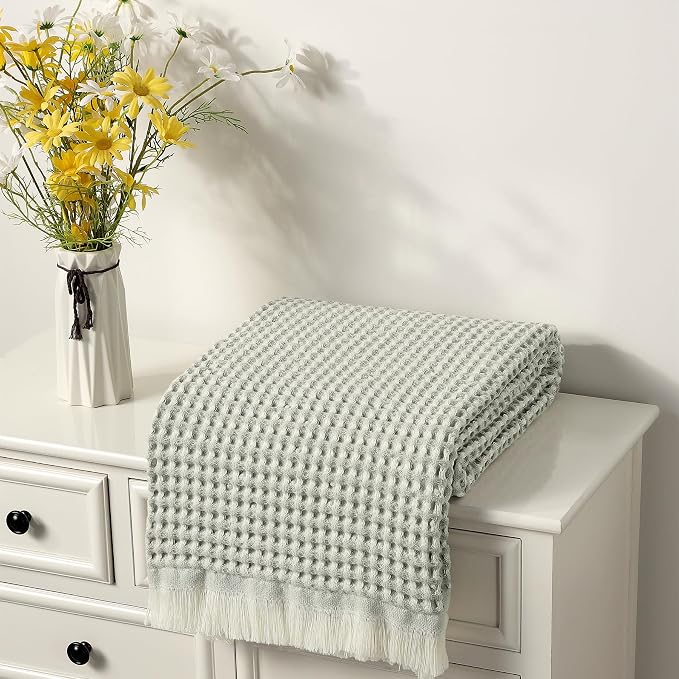 CREVENT Farmhouse Boho Knitted Throw Blanket for Couch Sofa Chair Bed Home Decoration, Soft Warm Cozy Light Weight for Spring Summer Fall (50''X60'' Waffle Green)