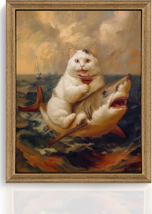 ICHZUMW Framed Funny White Cat Riding Shark Ocean Canvas Wall Art 8x10 In | Quirky Cat Drinking Wine Riding Shark Oil Painting, Humorous Bathroom Wall Decor, Bedroom Restroom Powder Room, Ready to Hang
