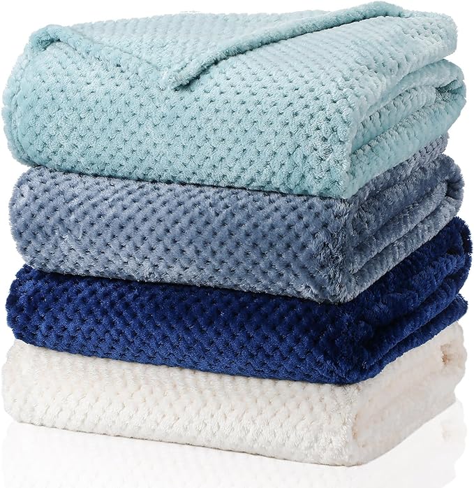 Newwiee 4 Pcs Fleece Throw Blanket, 3D Waffle Textured,Gradient Blue | Soft Lightweight Set for Couch Bed Sofa, Warm Winter Throws, No Shedding Pilling, Flannel Waffle Texture, 50x60 Inch