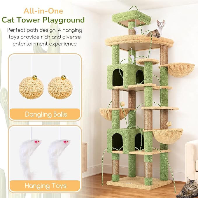 Globlazer Extra Large Cactus Cat Tree Tower, 82in Tall Heavy Duty Cat Tree for Indoor Cats Large Adult Big Cat Tower with 8 Scratching Posts, 2 Cat Condos, 2 Top Perches, 3 Hanging Baskets, S82, Green