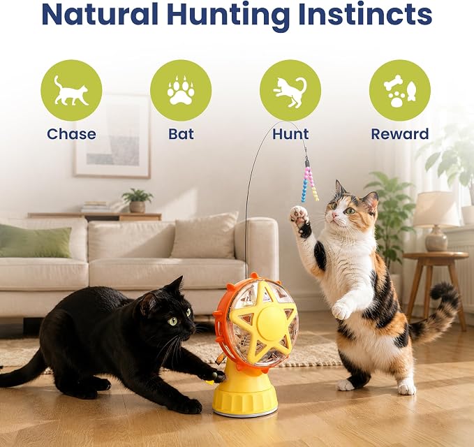 PAWSPIK 2-in-1 Interactive Spinning Wheel Snack Feeder & Teaser Cat Toy