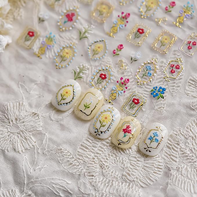 Gold Flower Nail Stickers for Nail Art, 3D Embossed Self-Adhesive Wild Flower Daisy Mentallic Nail Decals, Nail Supplies Designs Accessories for Women and Girls Manicure DIY Decoration