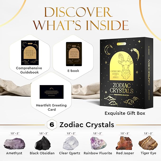 Wyspell Capricorn Crystal Set - 6 Capricorn Crystals and Healing Stones - Capricorn Gifts for Women - Capricorn Birthday Gifts for Women - Astrology Gifts for Women - Zodiac Crystal Set - Healing Gift