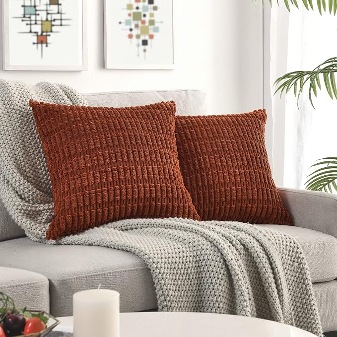 Volcanics Pack of 2 Rust Decorative Throw Pillow Covers 20x20 Inch | Soft Corduroy Striped Square Cushion Cases, Modern Farmhouse Boho Home Decor for Couch Bed Sofa Living Room