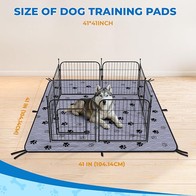 Fostanfly Washable Dog Pee Pads, Leak-Proof Absorbent, 41"x41"-2 Pack, Gray | Reusable Potty Training Pads for Dogs, Waterproof, Non-Slip, for Playpen, Crates & Furniture with 8 Tie Straps