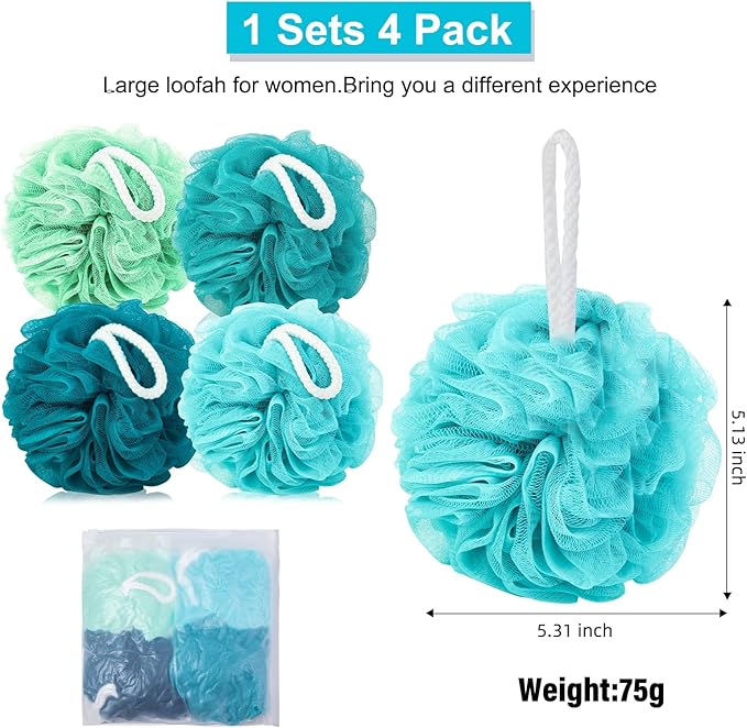 MTDLYICE Loofah for Women 75g 4 Pack, Bath Sponge Soft Mesh Shower Puff Loofah Sponge, Exfoliating Body Scrubber, lufas for Women, Shower Accessories (Blue)