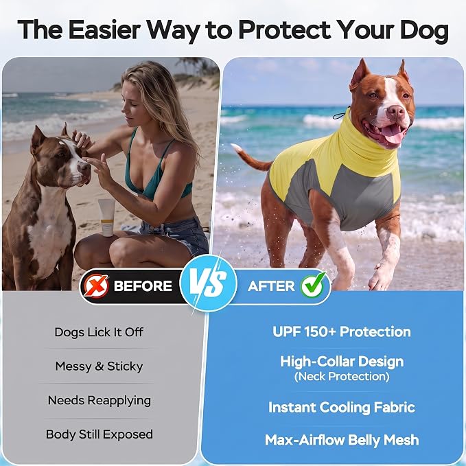 LovinPet UPF 150+ Dog Sun Shirt, Sleeveless High Neck Cooling UV Protection Clothes for Large Breeds, Quick Dry Lightweight Outdoor Vest with Breathable Belly Panel, Yellow, XL