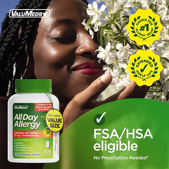 ValuMeds 24-Hour Allergy Medicine Antihistamine for Pollen, Hay Fever, Dry, Itchy Eyes, Allergies | Cetirizine HCl 10mg Caplets, Compare to Leading Brand (500 Count)