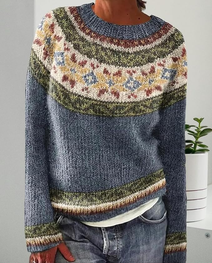 Zhyaj Fair Isle Sweater for Womens Winter Long Sleeve Vintage Knitted Sweater Casual Fall Crew Neck Pullover Sweaters