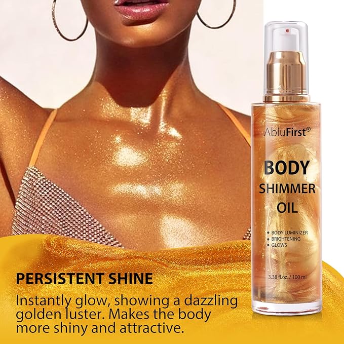 Shimmer Body Oil Summer Body Glitter Moisturizing Light Shimmer Glow Non-Sticky Summer Body Luminizer and Illuminator Smooth (2.8 Fl Oz (Pack of 1), Gold)