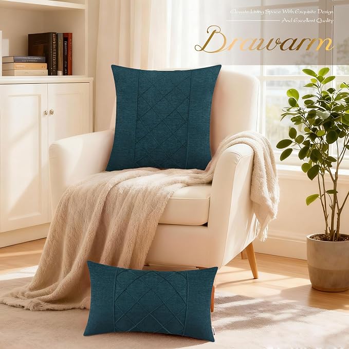 BRAWARM Chenille Throw Pillow Covers 18x18 Inches, Deep Lagoon, 2 Pack | Decorative Pleated Pillow Covers, Soft Cushion Cases for Sofa Bed Living Room Home Farmhouse (No Insert)