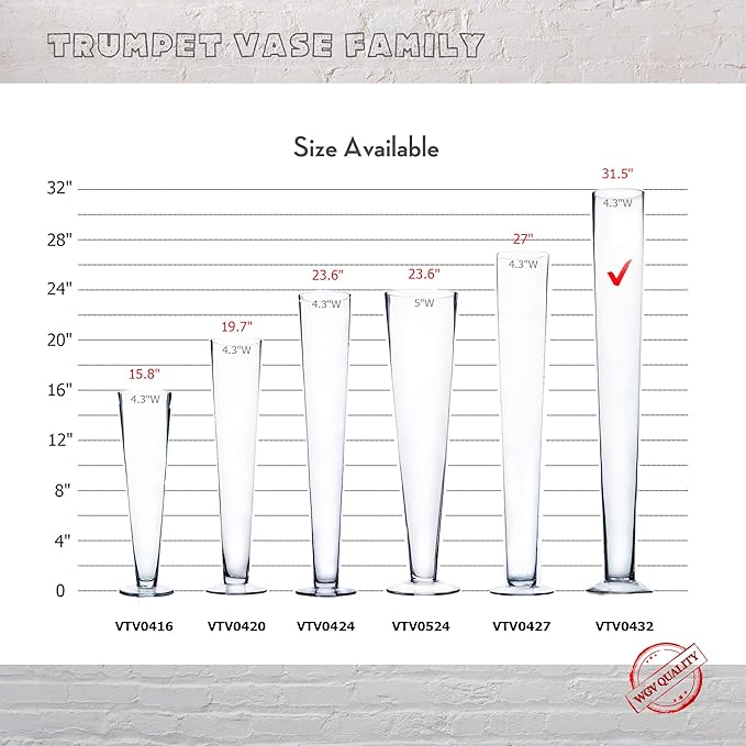 WGV Trumpet Glass Vase Bulk, Open 5", Height 31.5", (Multiple Sizes Choices) Clear Tall Pilsner Floral Planter Container Centerpiece, Wedding Event Home Decor, 4 Pieces (VTV0432)