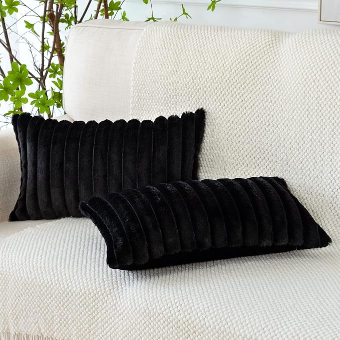 Soleebee Set of 2 Throw Pillow Covers Soft Cozy Velvet Pillowcase Faux Rabbit Fur Cover for Couch Sofa Bed Chair Home Decorative Pillows Cover (12x20 Inch, Black)